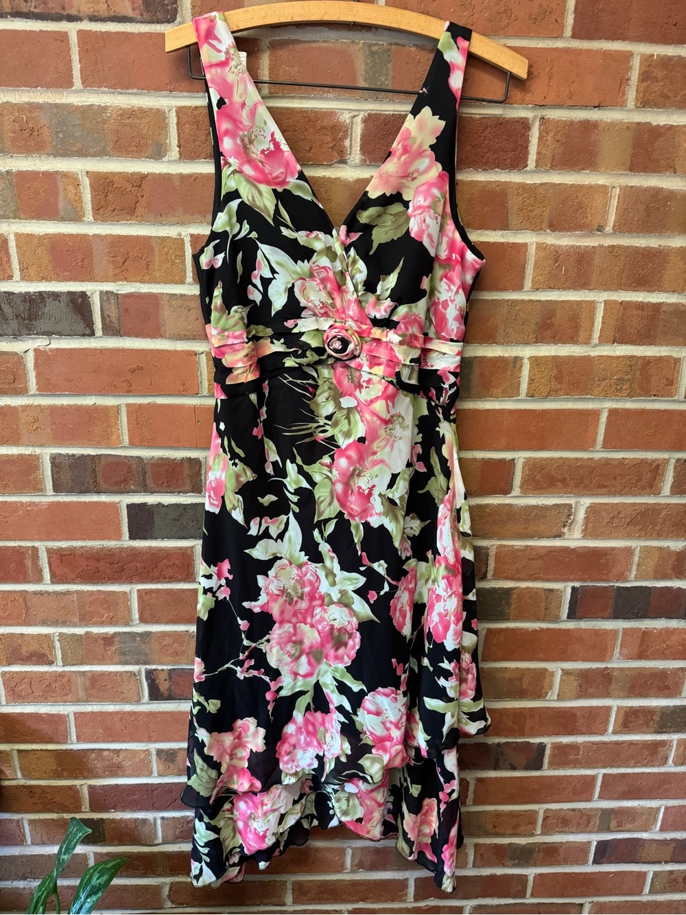 Floral V-Neck Black & Pink Midi Dress